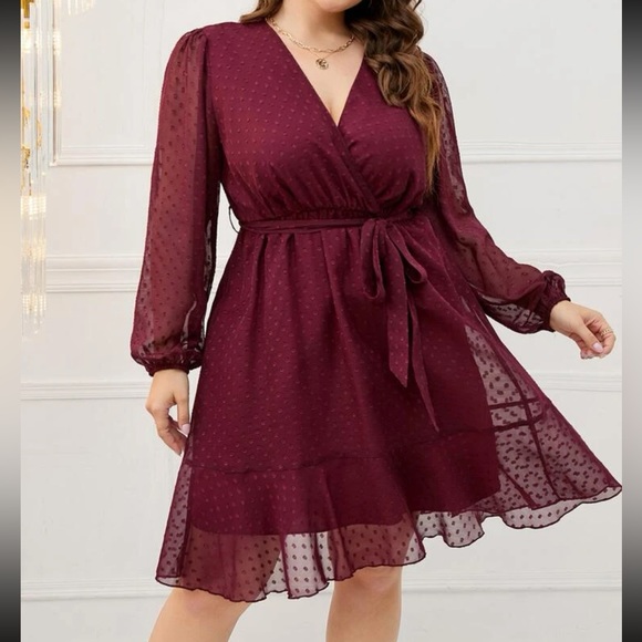 Burgundy plus size  bishop sleeve ruffle hem belted mini dress - Picture 5 of 6